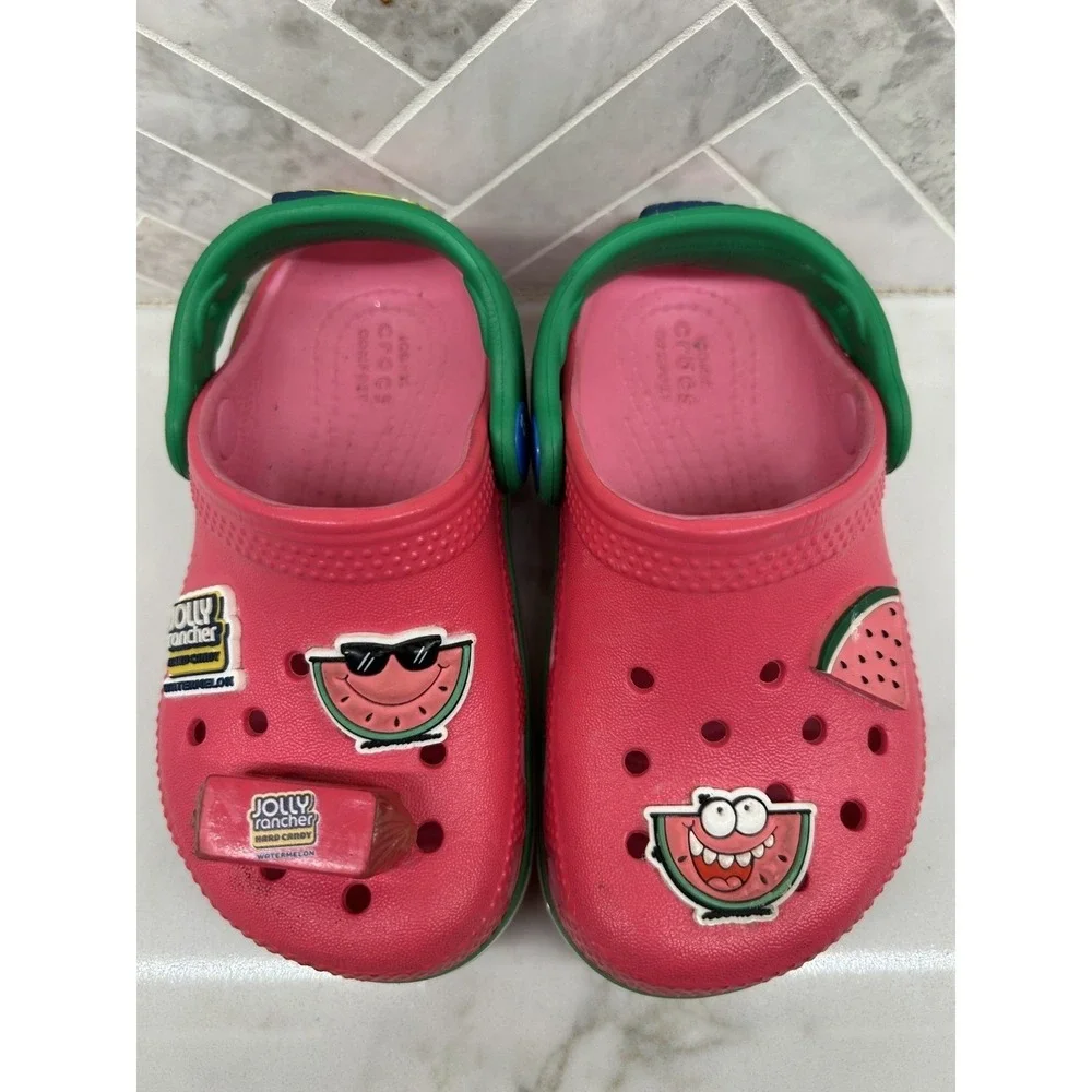Crocs Jolly Rancher Watermelon Kids Clogs Size‎ 7C Pink Green Jibbitz Charms